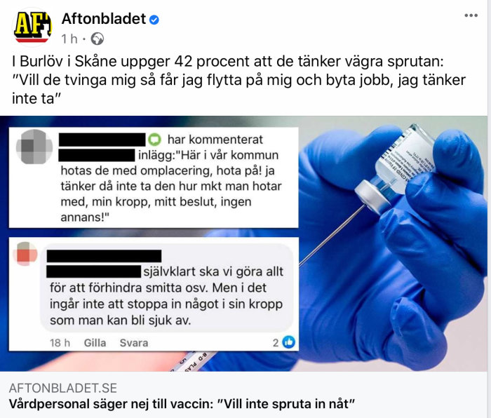 Skärmdump från Aftonbladet om vårdpersonal som vägrar vaccin, med texter från sociala medier och bild av en hand i en blå handske som håller ett vaccin.