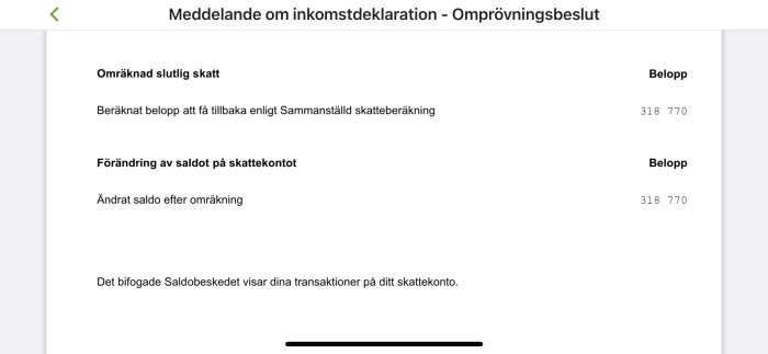 Skärmdump av omprövningsbeslut för inkomstdeklaration med återbetalningsbelopp.