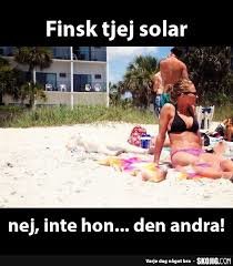 Meme med kvinna som solar på stranden och en text som skämtsamt hänvisar till något utanför bild.