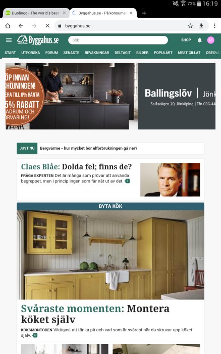 Skärmdump av en diskussionstråd på byggahus.se med reklambanner och foruminlägg.