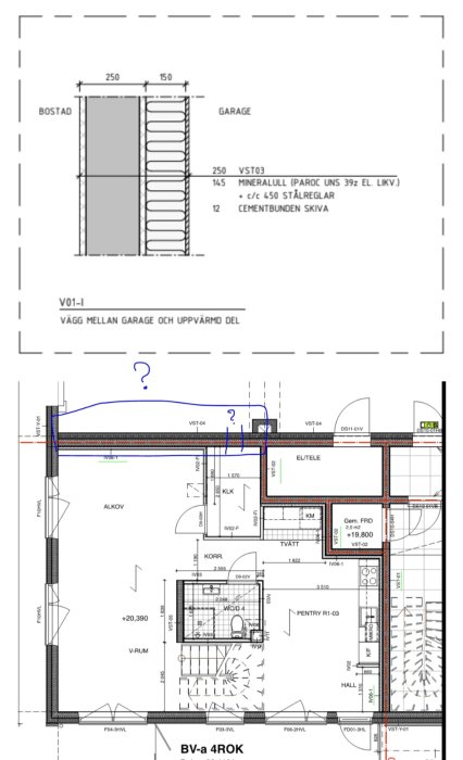 Byggritningar som visar väggkonstruktion och planlösning med frågetecken vid vissa delar.