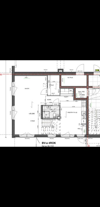 Arkitektritning av en lägenhet med markerad siffra 60 för dimensionering.