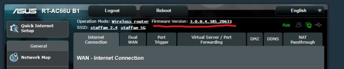 Gränssnittet för en ASUS RT-AC66U B1-router som visar firmwareversionen 3.0.0.4.385_20633.