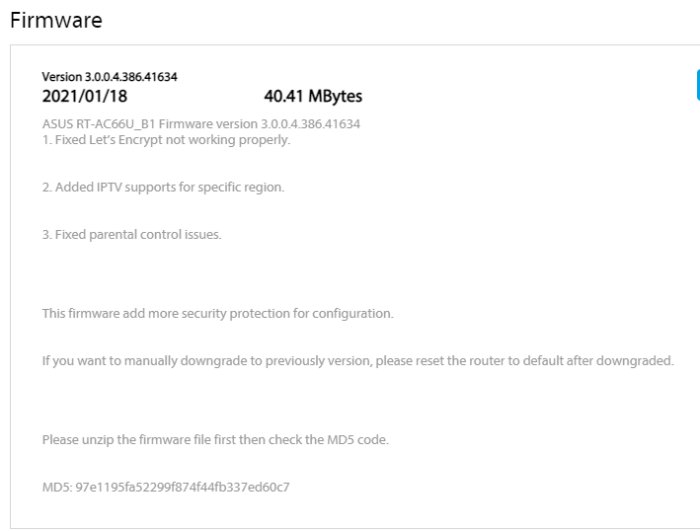 Skärmdump av Asus RT-AC66U B1 router firmware uppdateringsinformation från tillverkarens webbplats.