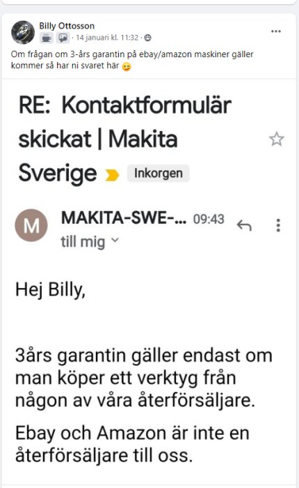 Skärmbild av ett e-postmeddelande från Makita Sverige som svarar på garanti gällande köp från eBay/Amazon.