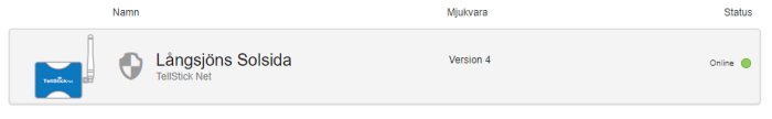 Skärmdump av gränssnittet för Telldus Live visar enheten "Långsjöns Solsida" är online med mjukvara version 4.