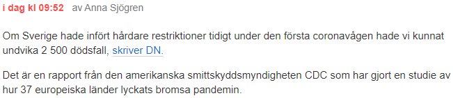 Skärmdump av en forumdiskussion om en artikel angående Sveriges hantering av pandemin.