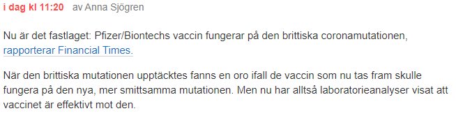 Skärmdump av ett foruminlägg om effektiviteten hos Pfizer/Biontechs vaccin mot den brittiska virusmutationen.