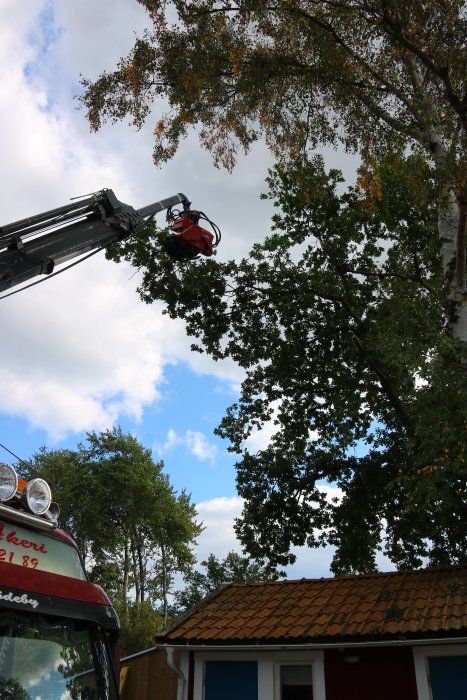 Kranbil med motorsågstillsats beskär träd ovanför ett litet hus.