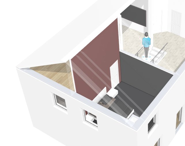 3D-ritning av en öppen planlösning med ett sovrum och ett loft, person står på loftet.