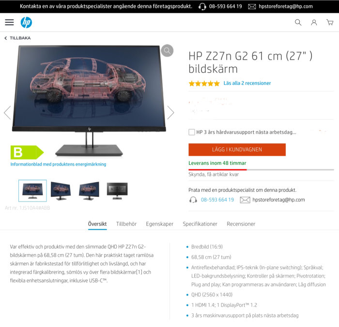 HP Z27n G2 61 cm bildskärm visar en detaljerad 3D-bild av en bil på HP:s produktwebbsida.