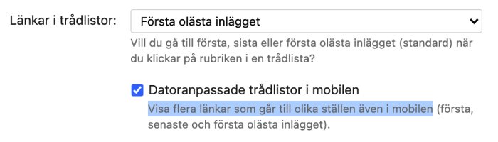 Screenshot av inställningssidan för trådlistor med alternativet "Datoranpassade trådlistor i mobilen" markerat.