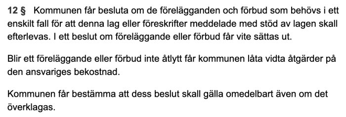 Skärmbild av paragraf 12 ur en svensk lagtext om kommuners befogenhet att utfärda förelägganden och viten.