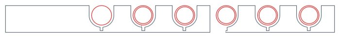 Schematisk illustration av en LK Systems vändskiva för golvvärme med tre parallella spår och förgrenade rör.