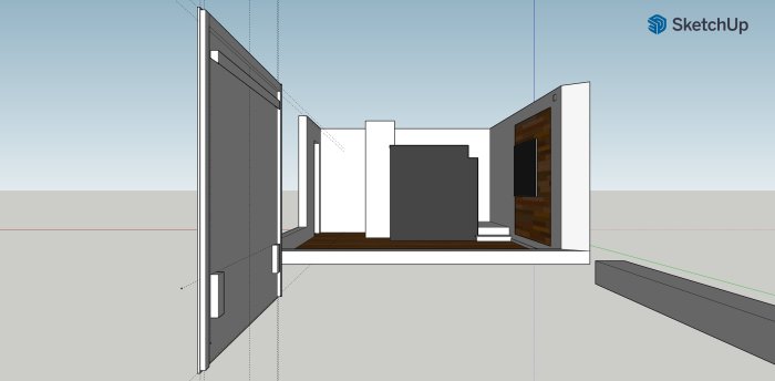 3D-skiss av svävande tv-vägg med hyllor och bakomliggande belysning, planerad med French cleat-upphängning.