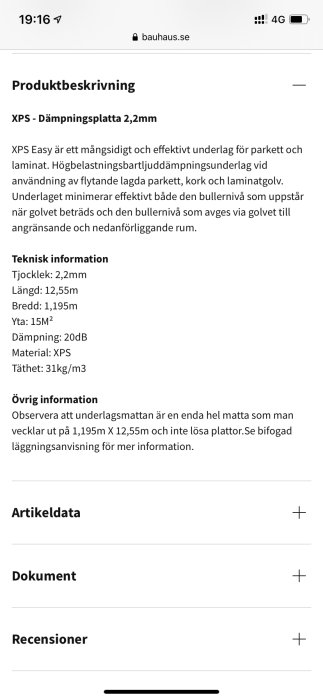 Skärmdump från Bauhaus webbplats som visar en produktbeskrivning av XPS dämpningsplatta för golv.