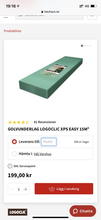 Grönt golvvärmekompatibelt underlag för laminatgolv i rullförpackning på en webbshopssida.