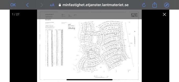 Skärmdump av en fastighetskarta från Lantmäteriet med markerade tomter och numrering.