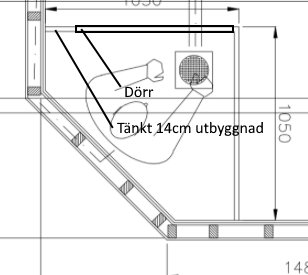 Ritning som visar planerad 14 cm utbyggnad vid duschdörren.