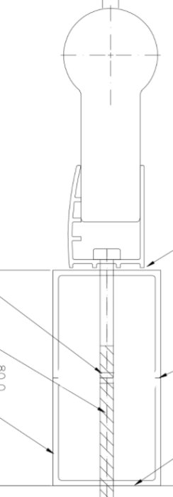 Teknisk ritning av en aluminiumprofil som tänkt klack för att fästa en duschdörrsprofil mot kakelvägg.