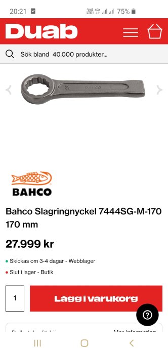 Bahco slagnyckel modell 7444SG-M-170 på 170 mm visas på en webbhandelssajt med priset 27.999 kr.