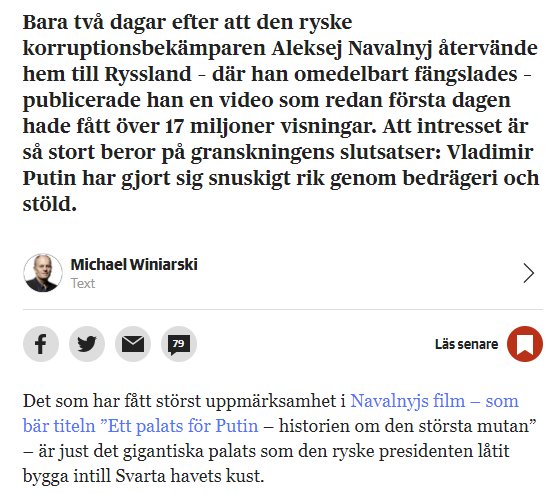 Skärmdump av en artikel om Aleksej Navalnyjs korruptionsexponering med författarens namn och delningsknappar.