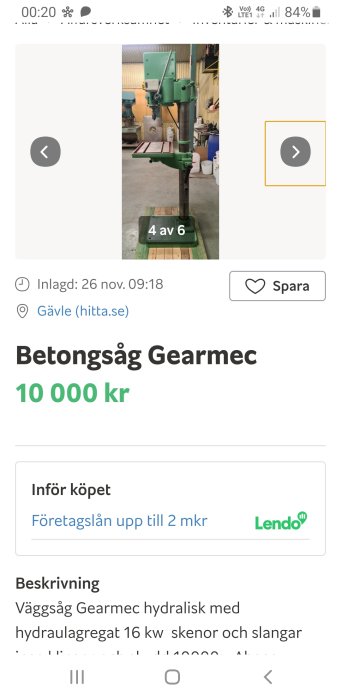 Grön Arboga pelarborr i en verkstad, felaktigt beskriven som Betongsåg Gearmec i annonstext.