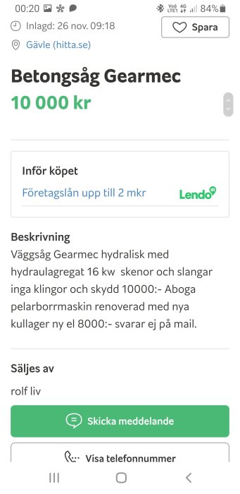 Skärmbild från en försäljningsannons för en betongsåg Gearsaw och en renoverad Arboga pelarborr.