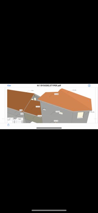 3D-rendering av ett husprojekt med olika byggdelstyper markerade och mått specificerade.