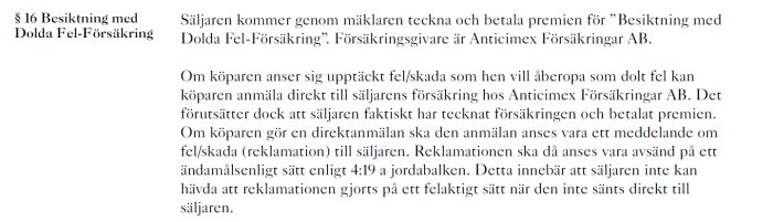 Skärmdump av ett kontrakt som beskriver klausulen för Besiktning med Dolda Fel-Försäkring och processen vid upptäckt av dolt fel.