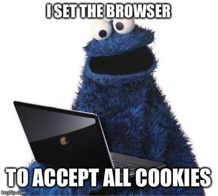 Cookie Monster med en bärbar dator och texten 'I set the browser to accept all cookies'