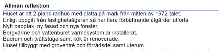 Skärmdump av ett foruminlägg om en renoverad 2-plans radhus från 1970-talet med nya installationer.