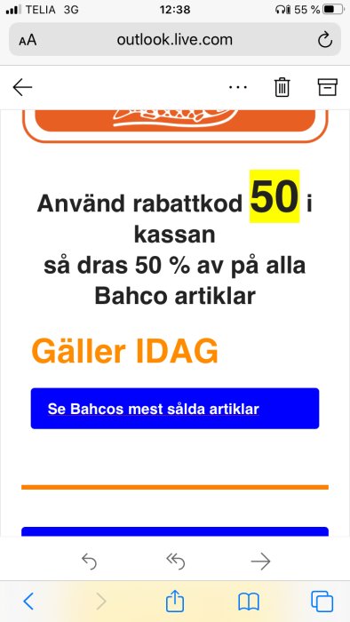 Reklam för 50% rabatt på Bahco produkter med erbjudandekod och länk till försäljningssida.