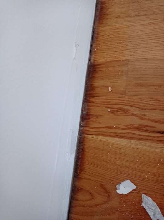 Bild på en golv och väggskarv med spår av fukt och små skadade bitar av material.