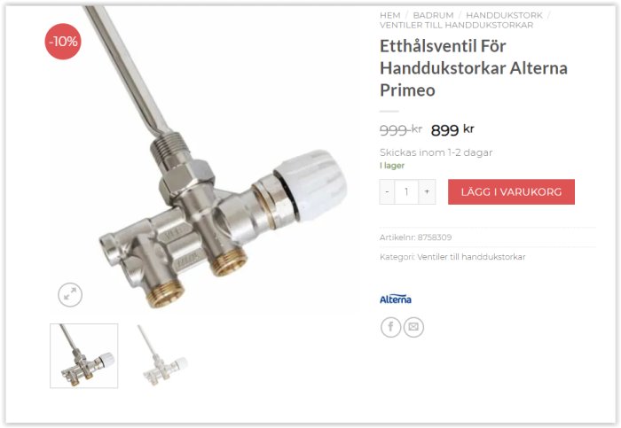 Närbild av en Alterna etthålsventil för handdukstorkar med prisinformation.