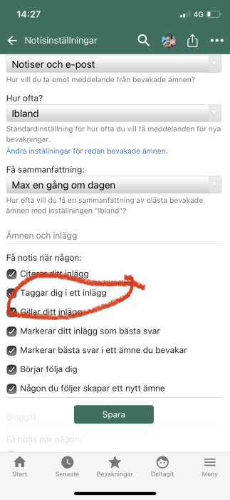 Skärmdump av notisinställningar på en mobil med olika alternativ markerade och en överstrukning på en av inställningarna.