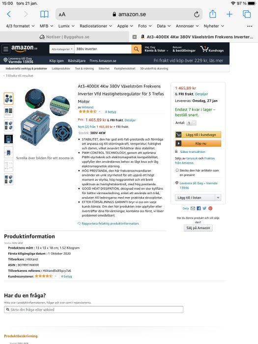 Skärmklipp av "At3-4000X 4Kw 380V Växelström Frekvens Inverter" på Amazon med produktinformation.