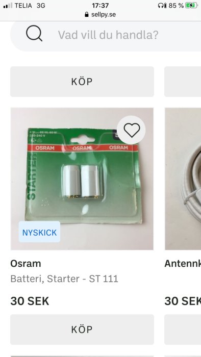 Osram batteri starter ST 111 i förpackning, märkt "NYSKICK" till salu för 30 SEK på hemsidan.