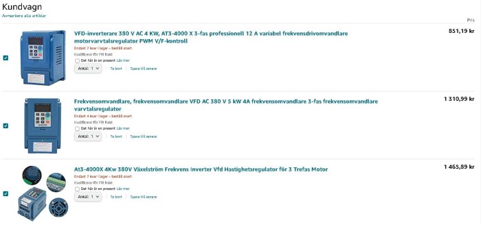 Tre frekvensomvandlare med varierande priser och specifikationer, visade i en onlinebutik.