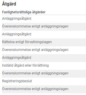 Skärmdump av dokument från Lantmäteriet med lista över juridiska åtgärder relaterade till gemensamhetsanläggning.