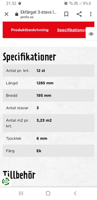 Skärmdump från Jem & Fix webbsida visar specifikationer för ekfärgat laminatgolv med 6mm tjocklek.