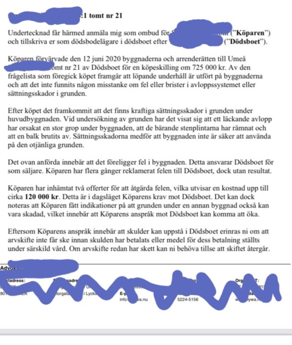 Dokument med text och blurrade delar som rör en fastighetsaffär och eventuella fel på byggnaden, med markerad summa 120 000 kr.