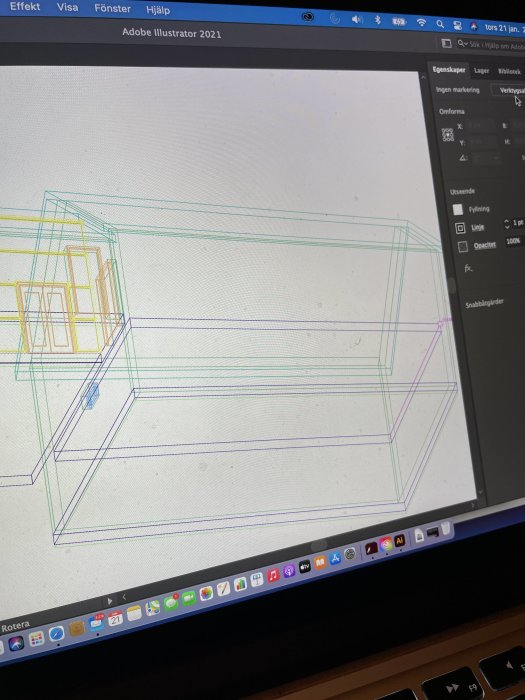 3D-skiss av husprojekt i Adobe Illustrator på en datorskärm.