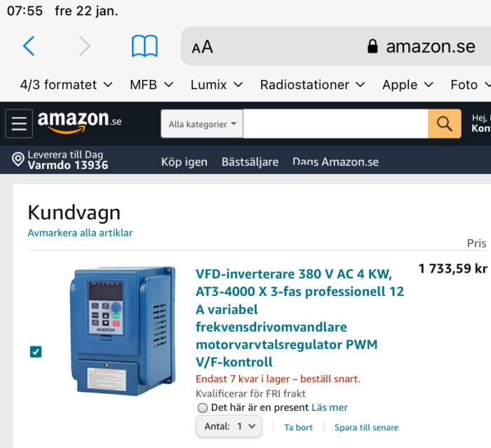 Skärmbild från Amazon med en VFD-inverterare i kundvagnen, prissatt till 1 733,59 kr.