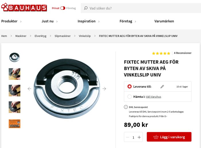 Fixtec mutter för byte av skiva på vinkelslip, metallisk med texten FIXTEC, på Bauhaus webbsida med prisinformation.