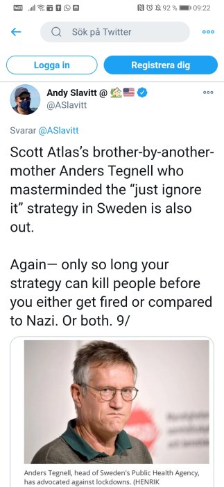 Skärmdump från Twitter där en person kommenterar Anders Tegnells strategi och jämför med Nazism.