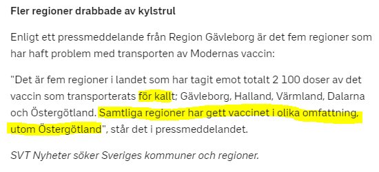 Skärmdump av nyhetstext om att flera regioner fått vaccin för kallt, med undantag för Östergötland.