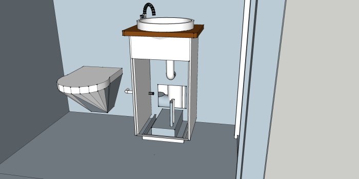 3D-rendering av ett gästbadrum med synliga rör och en demonterad toalettstomme.