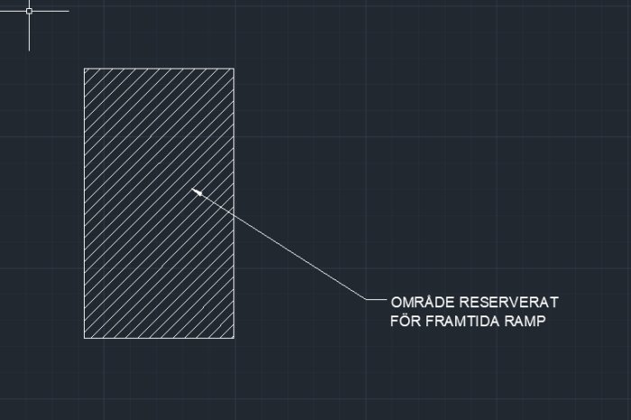 CAD-ritning av en planvy med en markerad sektion reserverad för en framtida ramp.