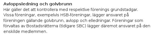 Textdokument som beskriver ansvar för golvrännor och avloppsledningar inom bostadsrättsföreningar.